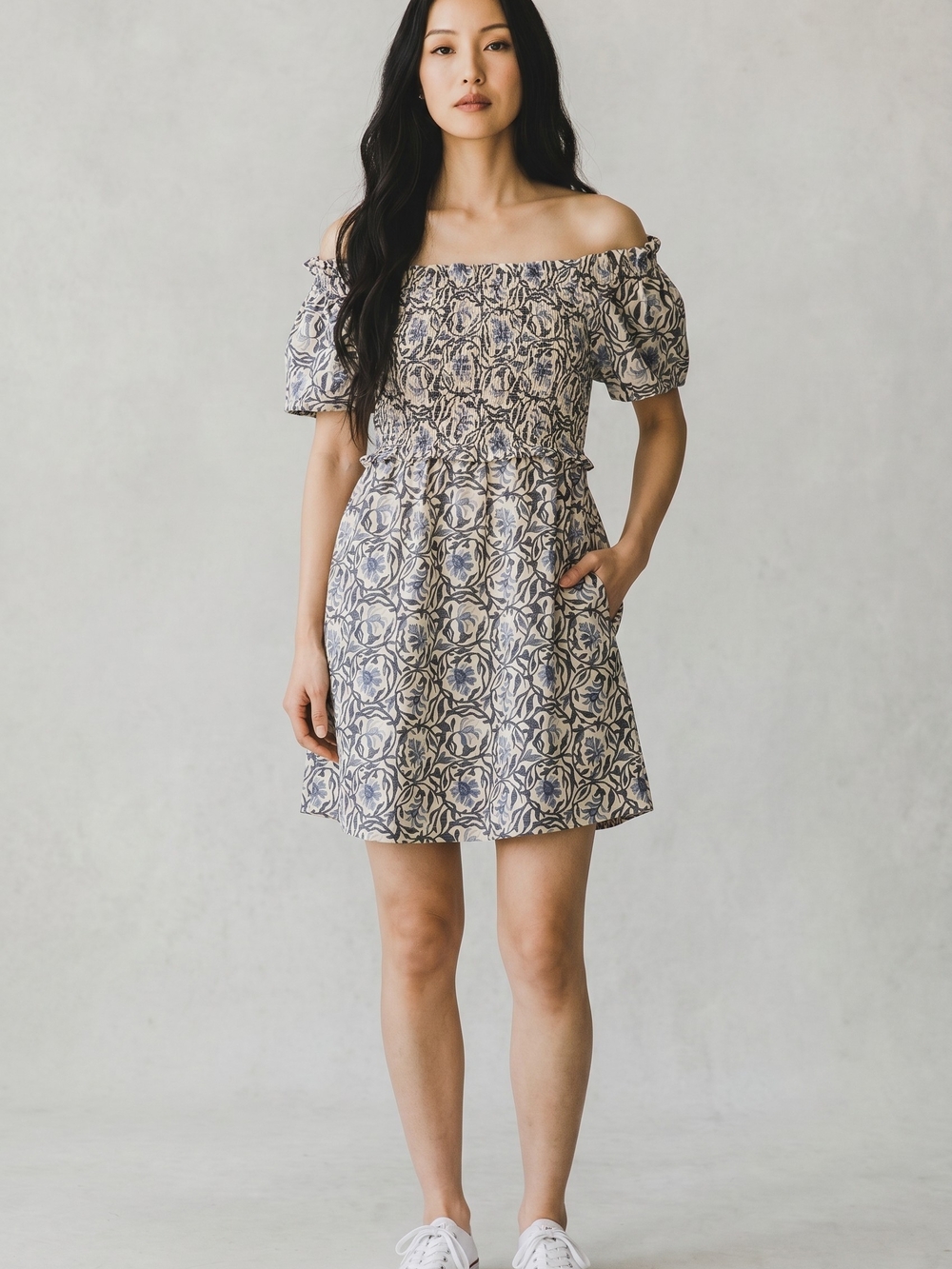 H&M Blue and Cream Off The Shoulder Floral Mini Dress